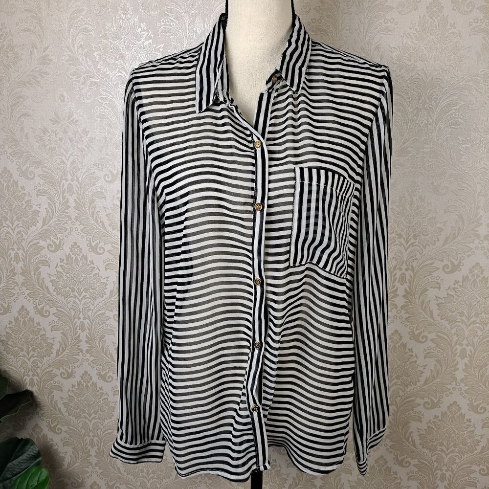 Charming Charlie Size Large Black White Stripe Sheer Button Down Shirt Long Slv